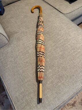Vintage Burberrys Nova Check Walking Stick Umbrella with Wood Handle